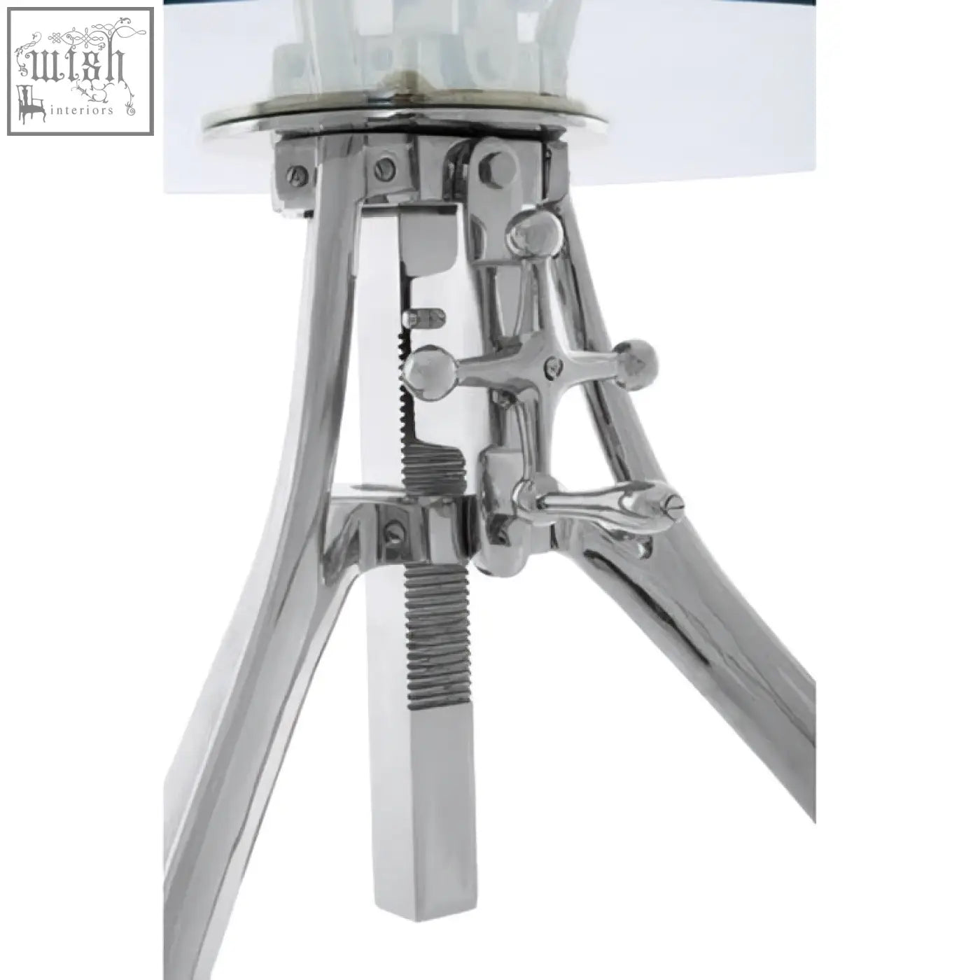 Chrome-finished tripod table base with maxi crank mechanism adjustable central threaded adjustment for stable support