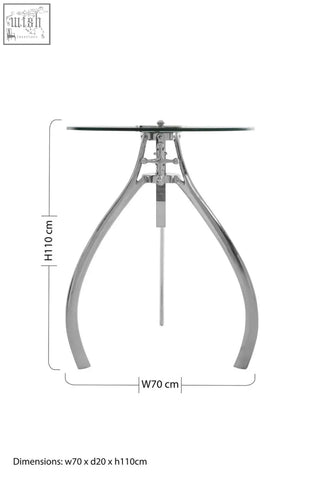 Modern chrome-finished metal table with glass top featuring maxi crank mechanism adjustable for versatile use