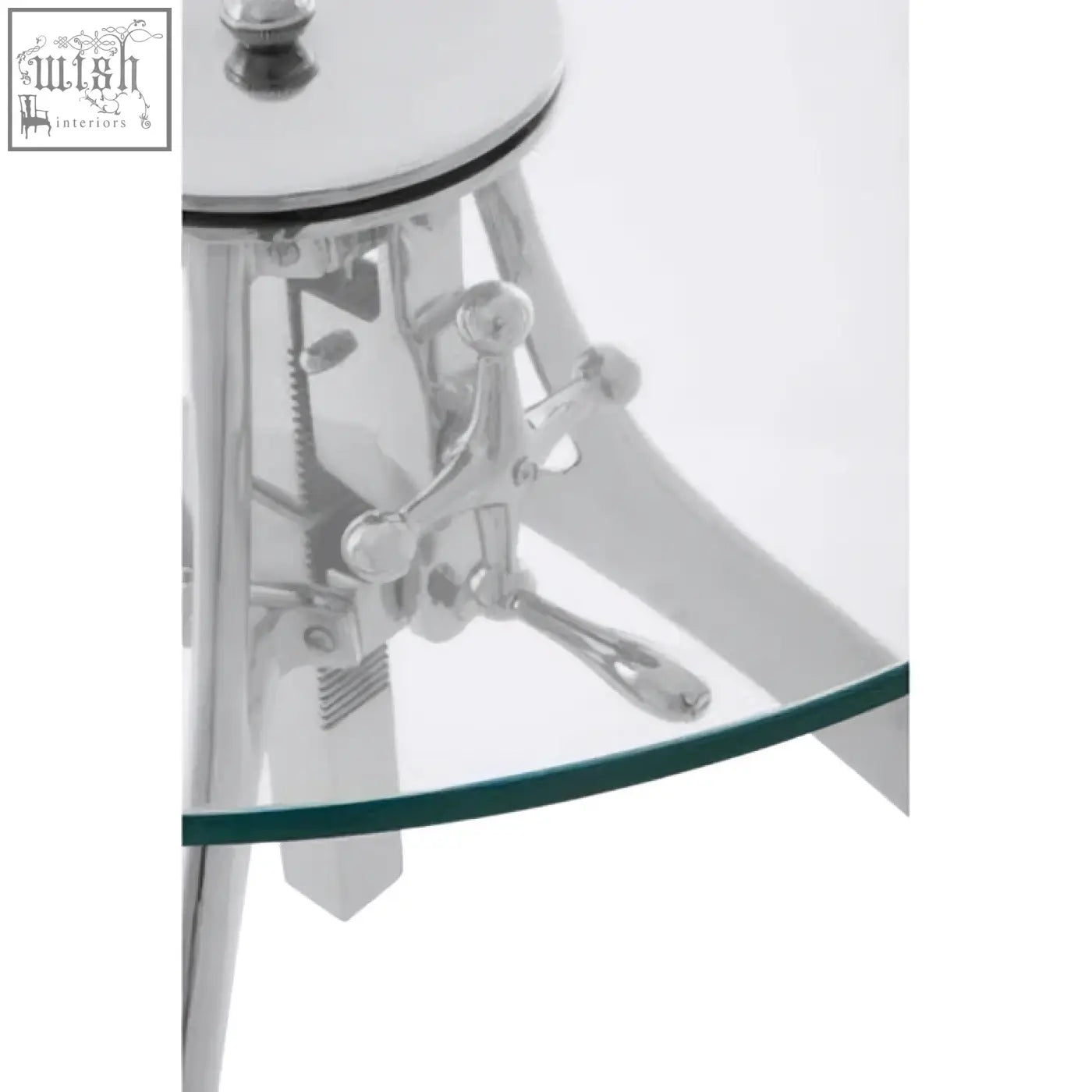 Shiny chrome-finished metal stool with clear glass top and intricate legs for maxi crank mechanism adjustable table