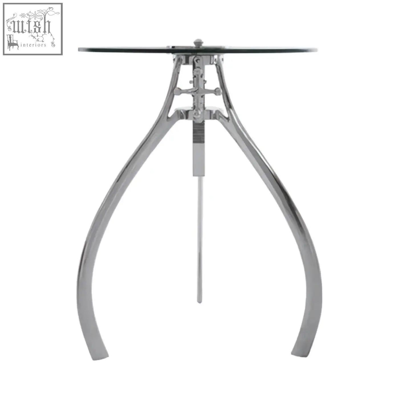 A sleek crank mechanism adjustable table with a transparent glass top and three curved chrome legs in maxi crank mechanism design
