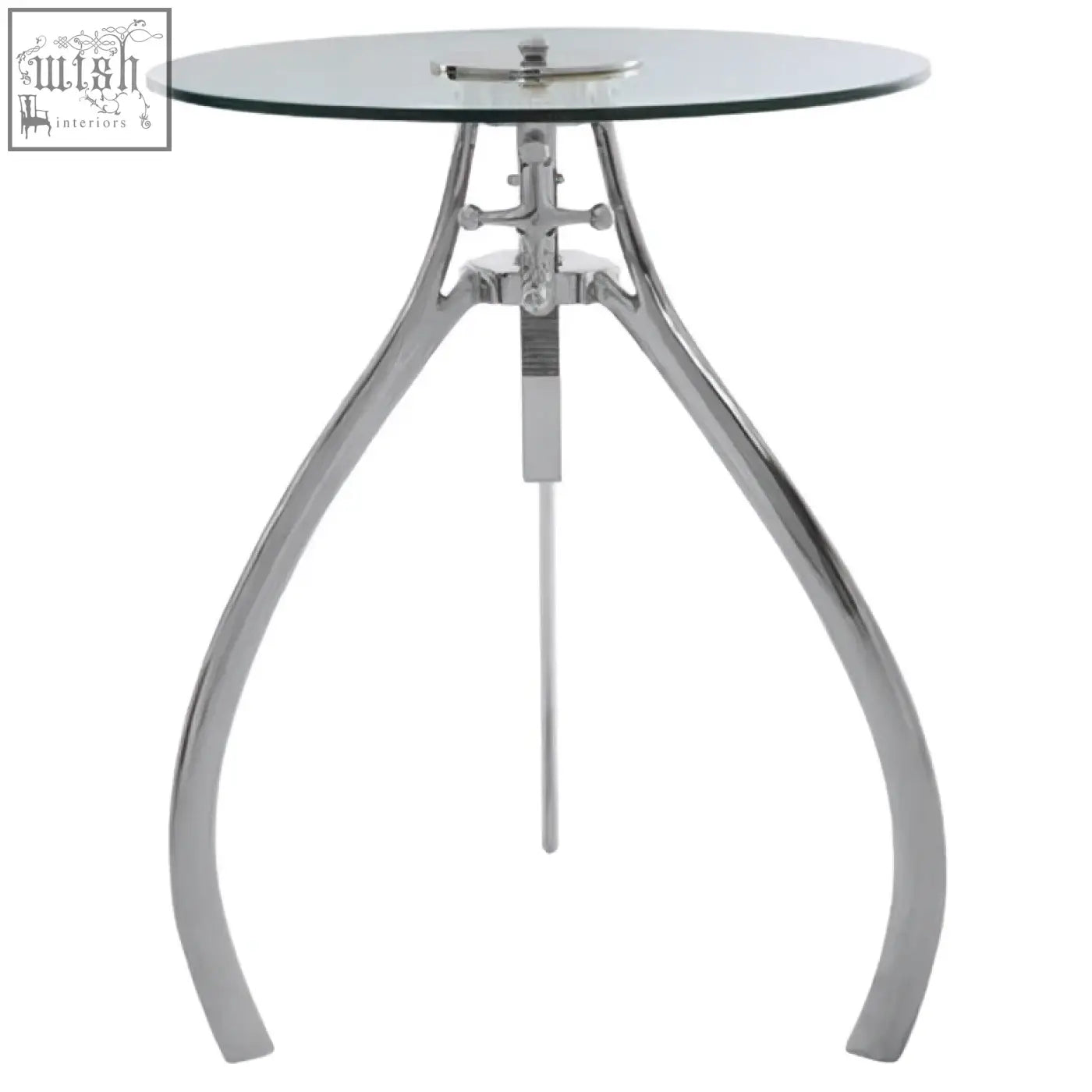 Maxi crank mechanism adjustable table with a sleek round glass top and chrome prong-shaped metal legs