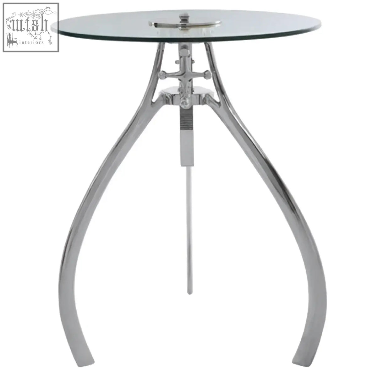 Maxi crank mechanism adjustable table with a sleek round glass top and chrome prong-shaped metal legs