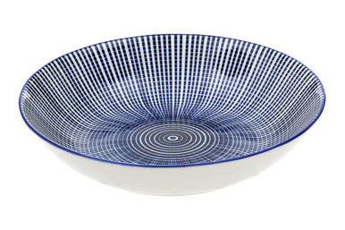 Blue and white ceramic bowl with geometric lines from the maya 12 piece blue and white white dinner set