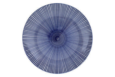 Blue ceramic plate with radial fine lines from the maya 12 piece blue and white dinner set perfect for white dinner use