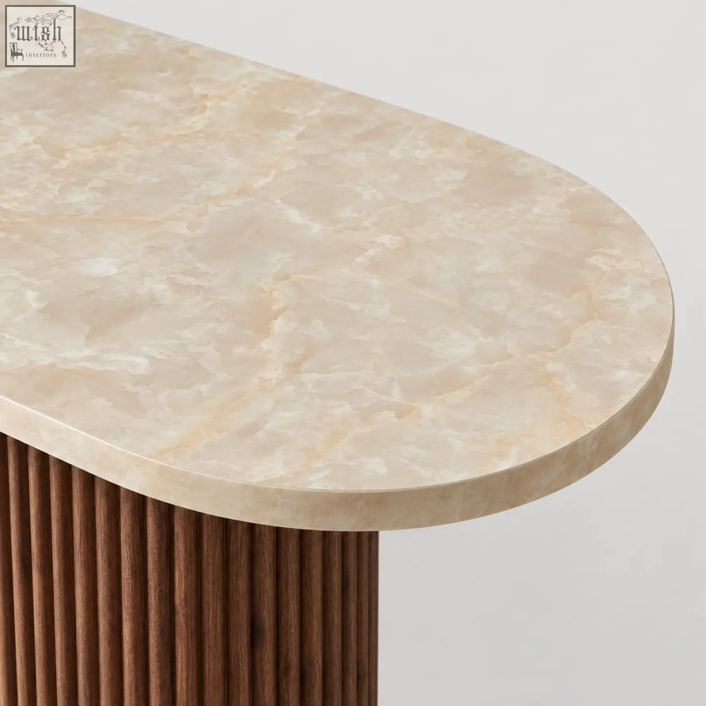 Beige marble-effect console table with sleek oval top and walnut-toned fluted base keeps your floor clear