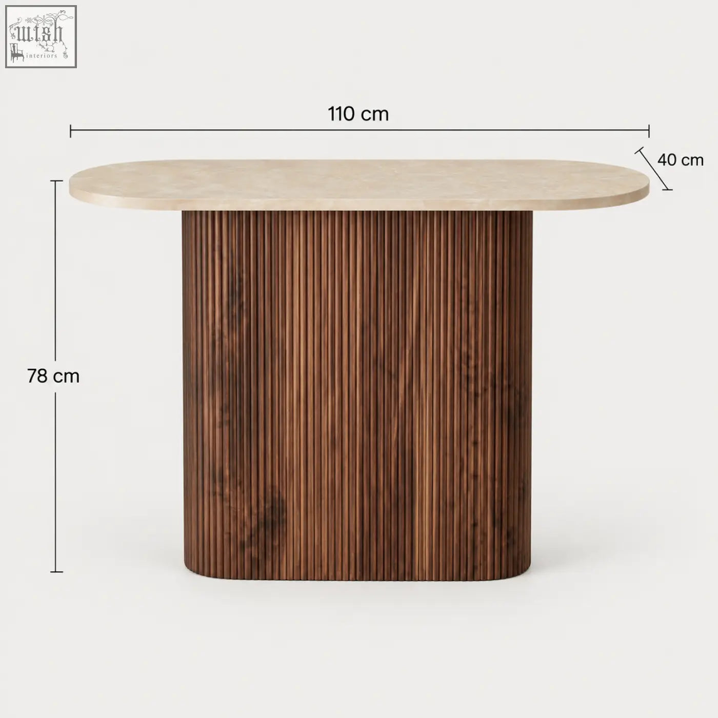 Modern oval dining table with cream marble-effect top and walnut-toned fluted wooden base with floor clear design