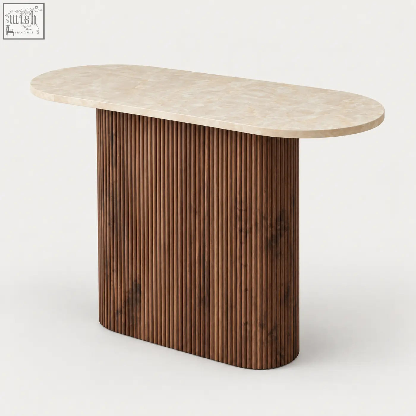 Modern oval dining table with cream marble-effect beige top and walnut-toned fluted wooden base floor clear