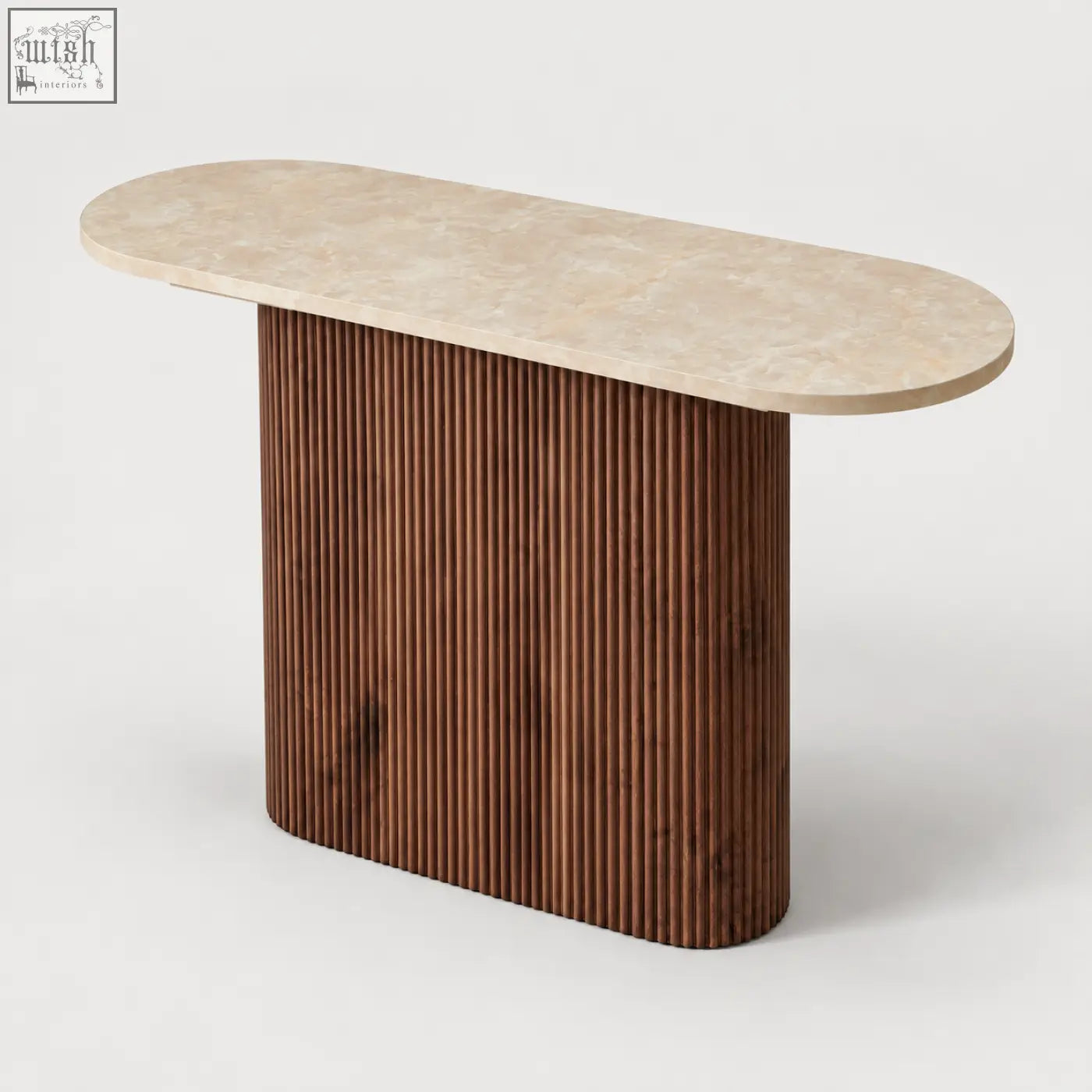 Modern oval console table with cream marble-effect top and walnut-toned fluted base for a floor clear look