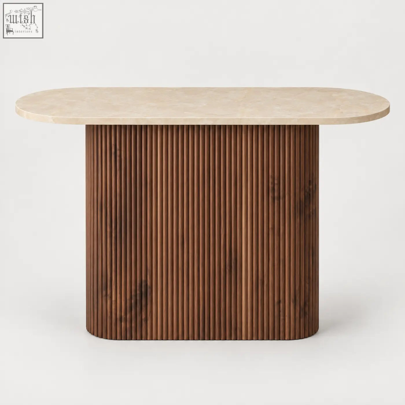 Modern oval dining table with smooth cream marble-effect top and walnut-toned fluted base with floor clear design