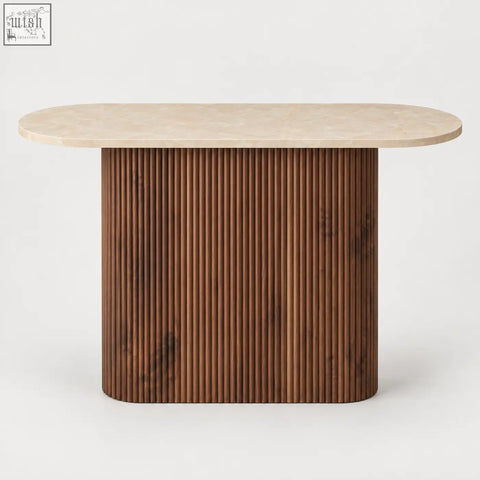 Modern oval dining table with smooth cream marble-effect top and walnut-toned fluted base with floor clear design