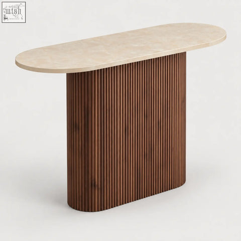 Modern mayfair 110cm console table with cream marble-effect top and walnut-toned fluted wood base keeping floor clear