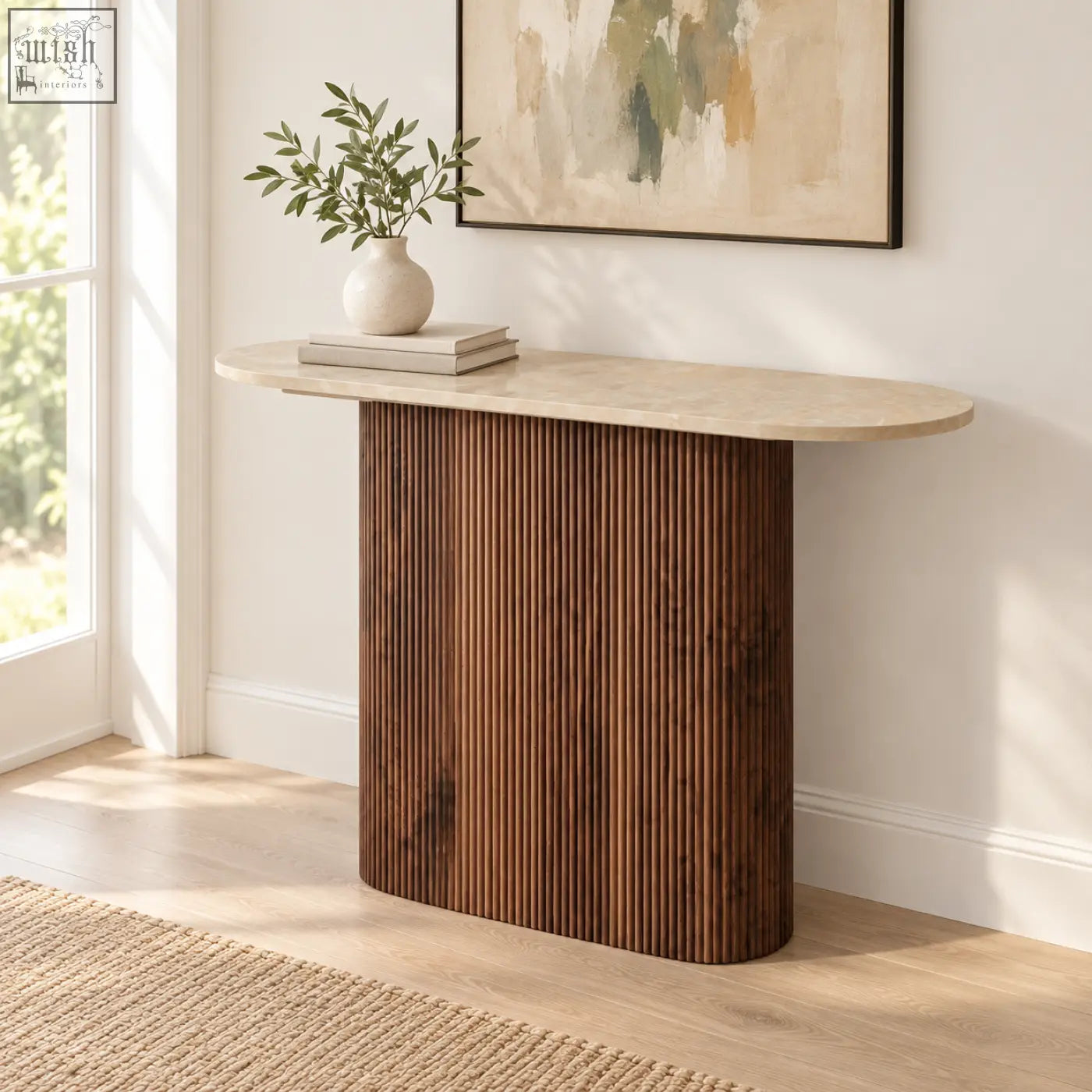 Mayfair 110cm marble-effect fluted console table with cream marble-effect top and walnut-toned fluted base with floor clear design