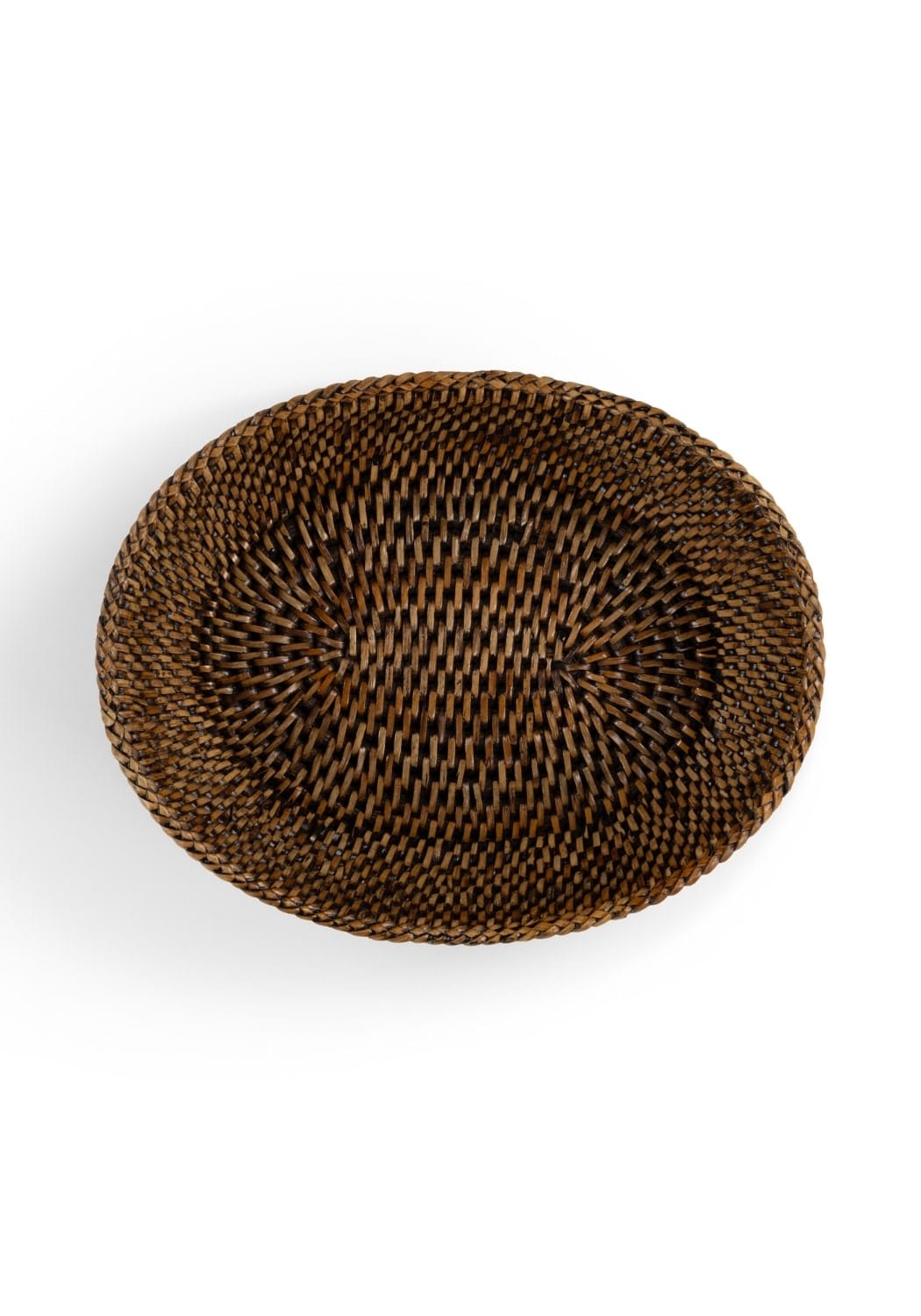 Brown oval woven mayfair rattan hold all basket featuring a tight intricate weave pattern in brown color