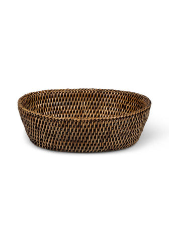 Brown woven oval mayfair rattan hold all basket with tight weave and slightly raised rim for versatile storage