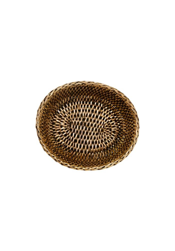Handwoven oval mayfair tray hold all basket in natural brown and beige with classic brown woven pattern for storage