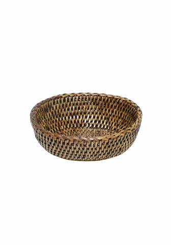 A woven brown mayfair tray hold all basket with tight interlaced pattern and slightly raised rim in classic brown