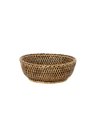 A woven brown wicker mayfair tray hold all with a rounded shallow design perfect for organizing classic brown items