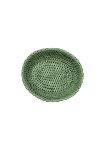 Woven olive green rattan mayfair tray hold all basket with a tight uniform oval weave pattern