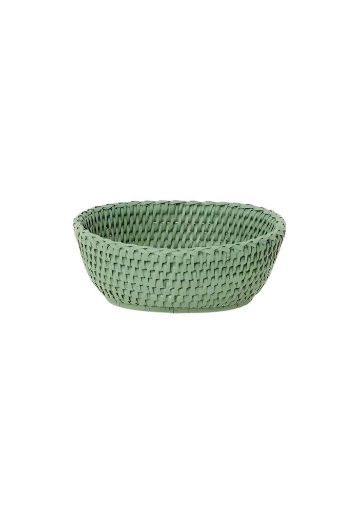 A woven mint green mayfair tray hold all rattan basket with a textured interlaced pattern