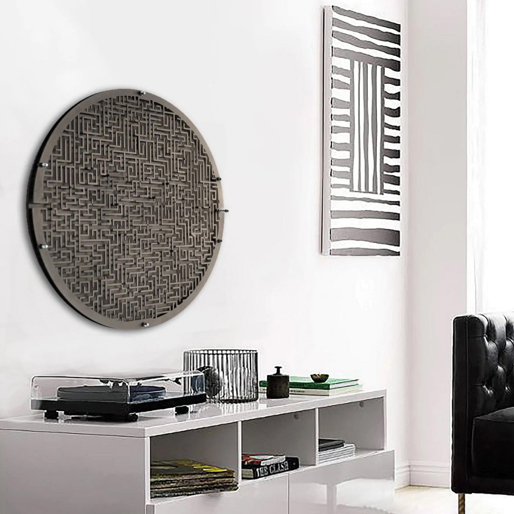 Circular maze board wall game with dark gray maze pattern, metallic frame, target area, and ball holder for fun play