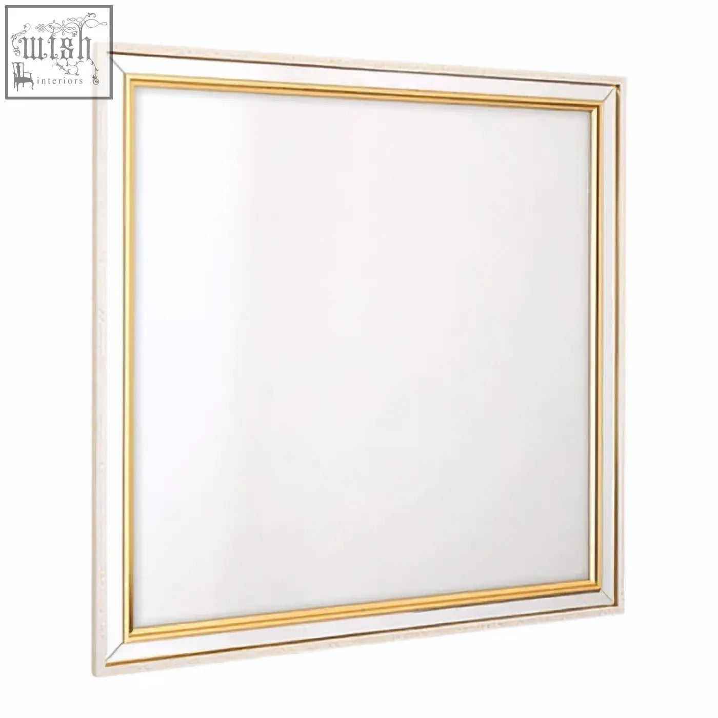 Mazzone square framed wall mirror with a two-toned frame featuring white outer border and gold inner trim