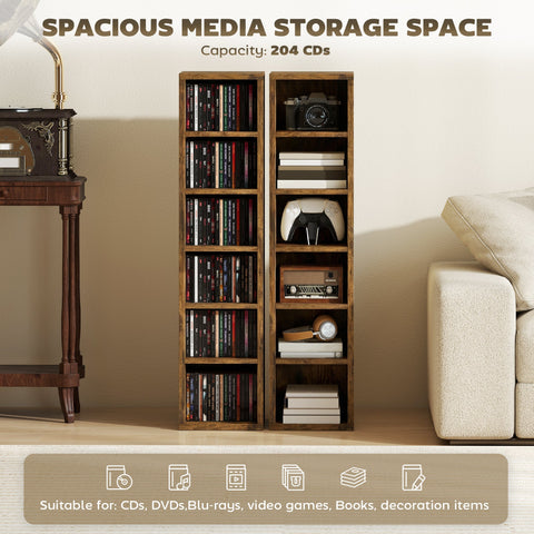 HOMCOM Set of 2 CD Media Display Shelf Unit Tower Rack with Adjustable Shelves, Rustic Brown
