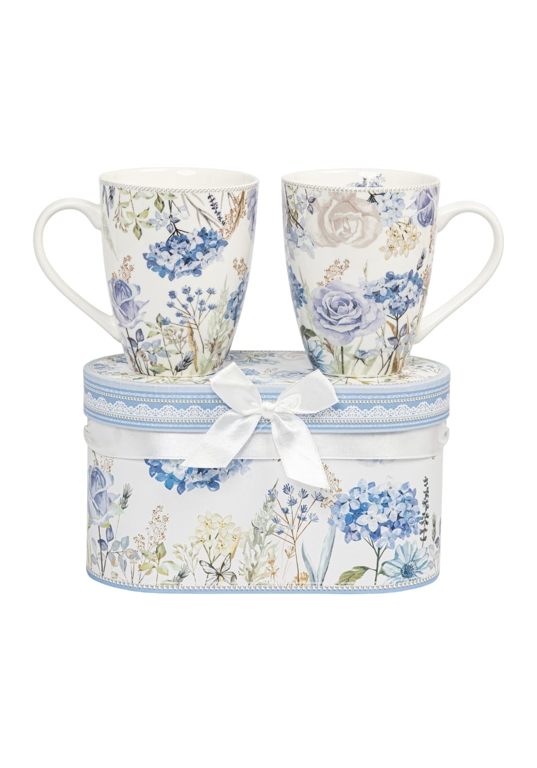 Two white ceramic mugs with blue lavender floral patterns in a lace-trimmed meadow breeze gift box with ribbon