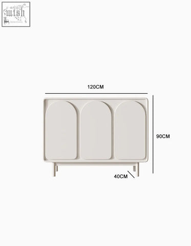 Beige mediterranean style sideboard with three arched doors and slender legs perfect for stylish storage