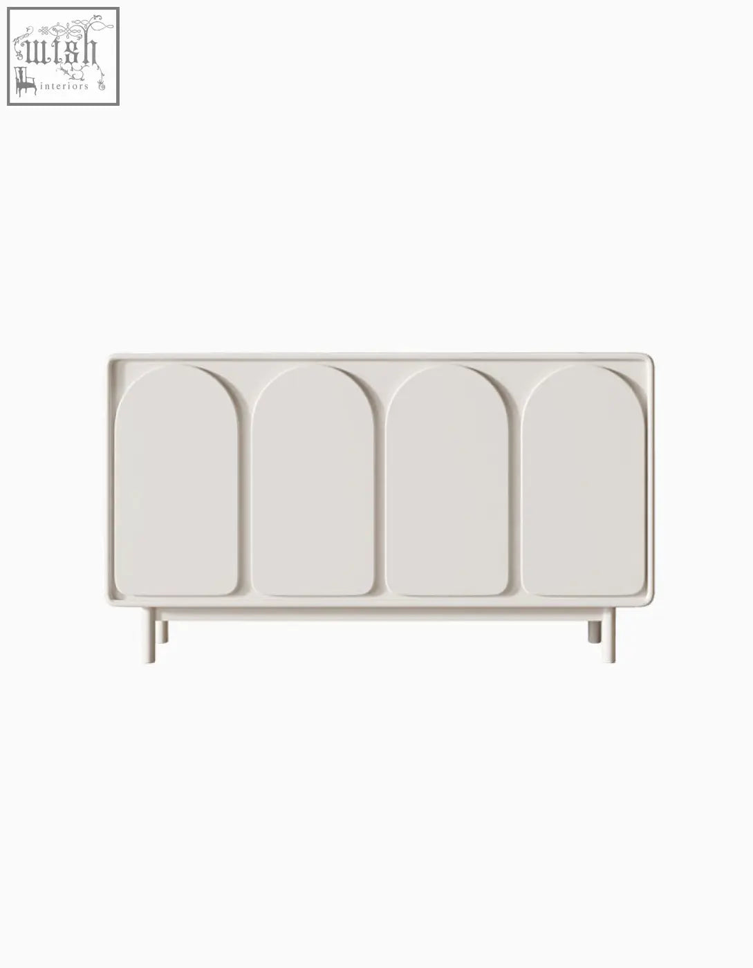 Cream-colored mediterranean style sideboard with four arched panel doors and slender legs for minimalist decor