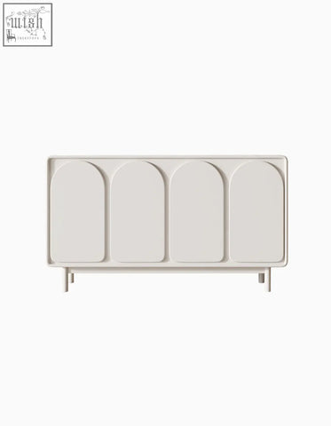 Cream-colored mediterranean style sideboard with four arched panel doors and slender legs for minimalist style