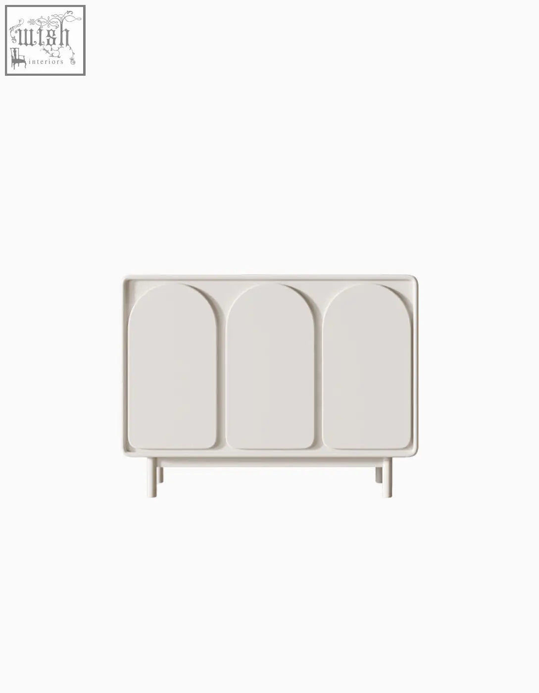 Minimalist off-white mediterranean style sideboard with three arched doors and slender legs in cream finish