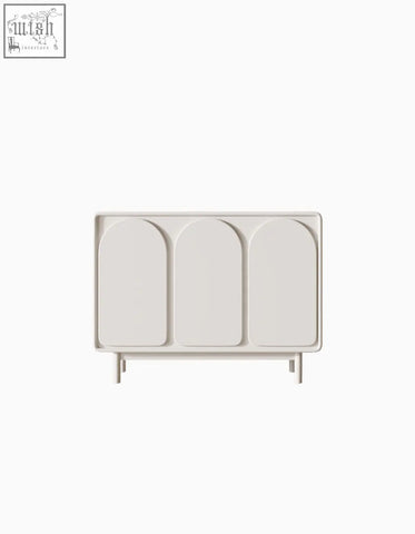 Minimalist off-white mediterranean style sideboard with three arched doors and slender legs in cream color