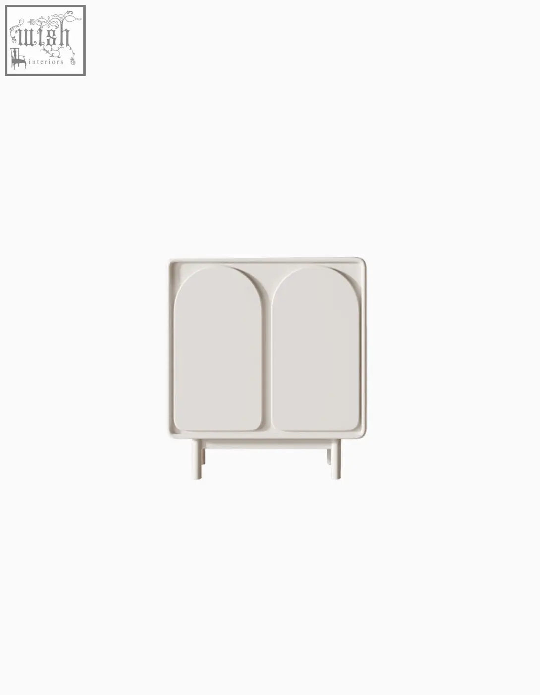 A minimalist off-white plastic side table with two arched compartments and slender legs in mediterranean style sideboard cream