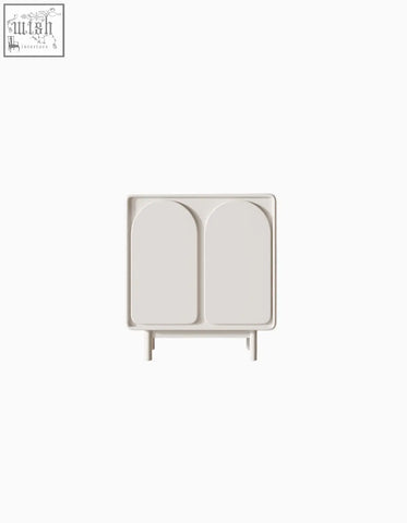 Minimalist mediterranean style sideboard in cream with off-white plastic, arched compartments, and slender legs