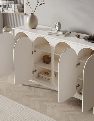 Cream mediterranean style sideboard with white arched doors and smooth matte finish perfect for stylish storage