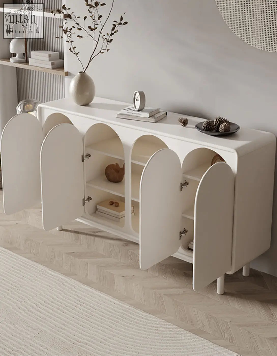 White mediterranean style sideboard with arched doors and minimalist cream console table design