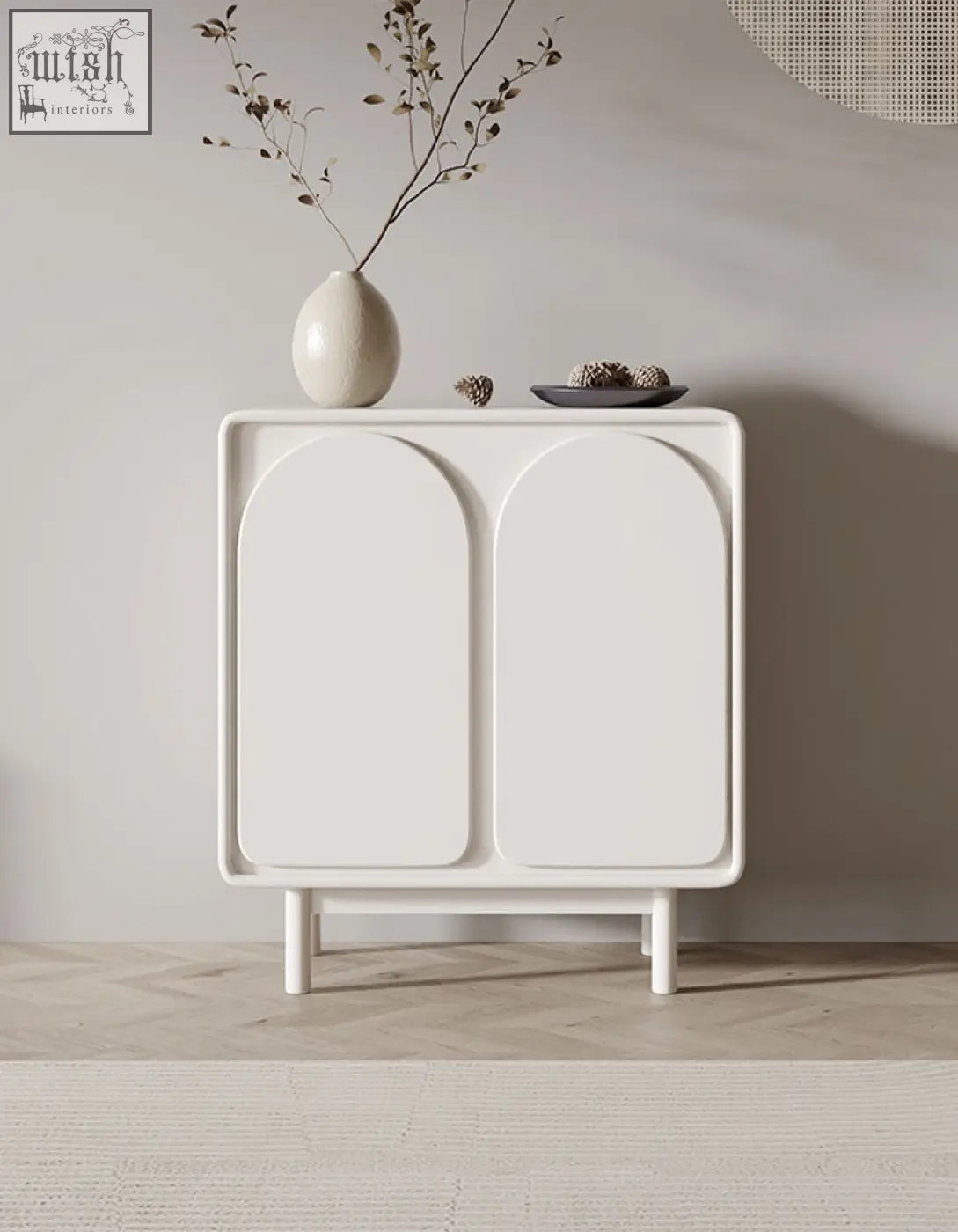 White minimalist mediterranean style sideboard with arched doors and slender legs in cream finish