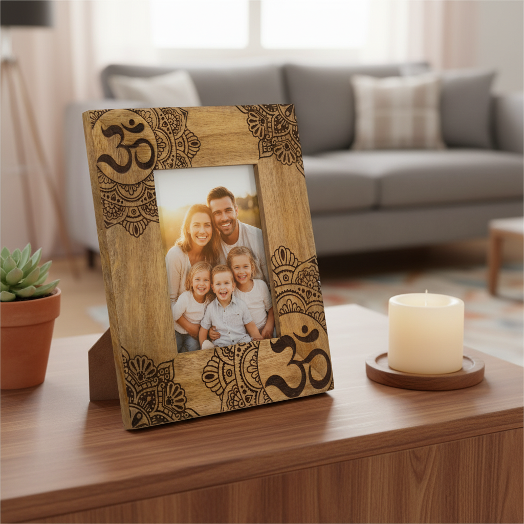 Medium black ohm mandala photo frame in mango wood with intricate engravings 10x15cm 4x6 inches size