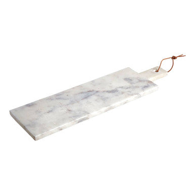 Medium white marble paddle serving board with gray veining and wooden handle tied with brown twine