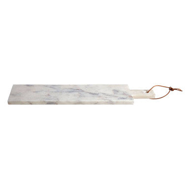 Medium white marble paddle serving board with natural stone handle and brown leather tie for chopping and serving
