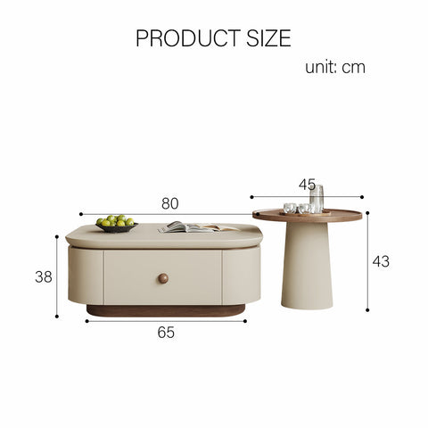 Beige meer rectangle coffee table set with storage featuring a rounded top and wooden drawer front accents