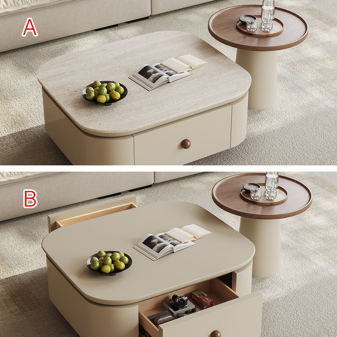 Beige meer rectangle coffee table with marble top and storage drawer with round wooden knob in coffee table set