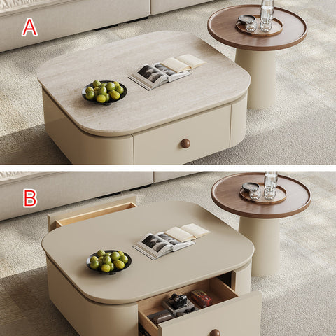 Beige meer rectangle coffee table with marble top and storage drawer with round wooden knob in coffee table set