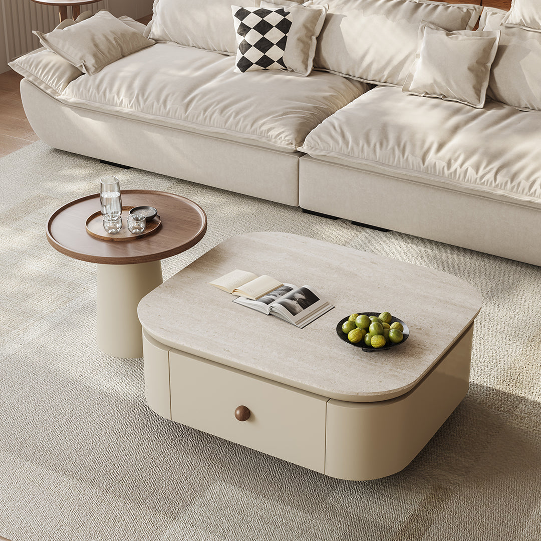 Cream-colored meer rectangle coffee table set with storage featuring a marble-like top and single drawer knob