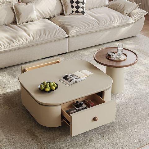 Cream-colored meer rectangle coffee table set with storage featuring rounded corners and a partially open drawer
