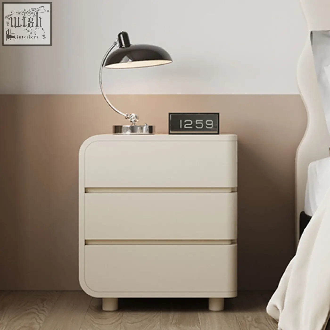 Cream-colored meg bedside table with three smooth drawers rounded edges easy to clean with a damp cloth