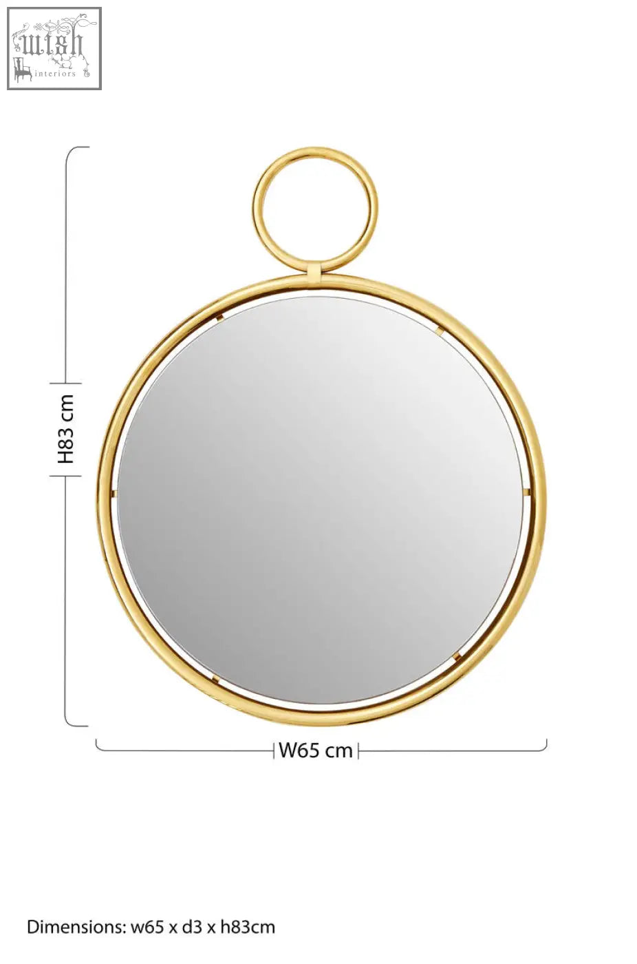 Meissa gold finish pendant wall mirror with a gold-toned circular frame and ring handle for easy hanging