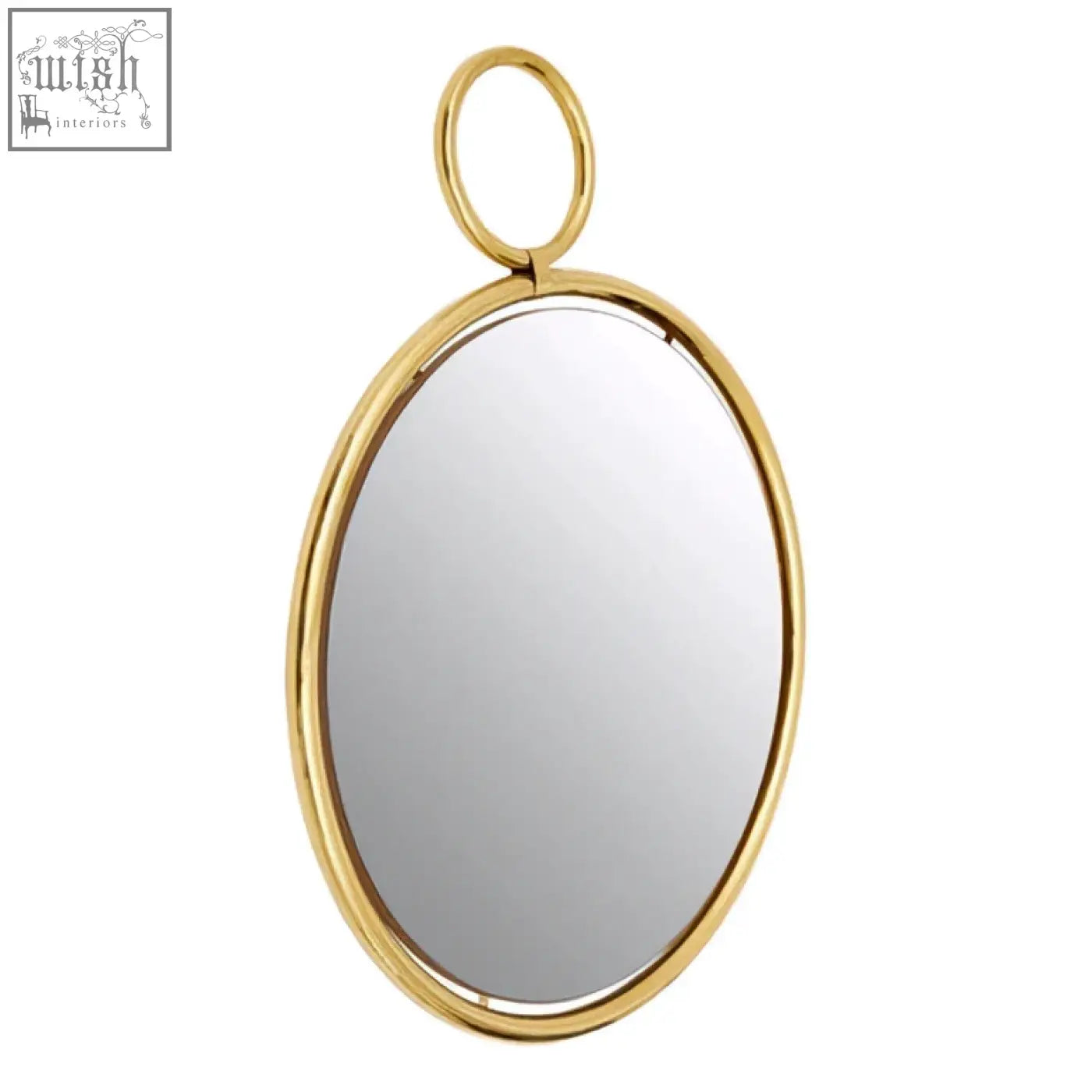 Meissa gold finish pendant wall mirror with gold-toned oval shape and polished metal frame with circular hanging loop