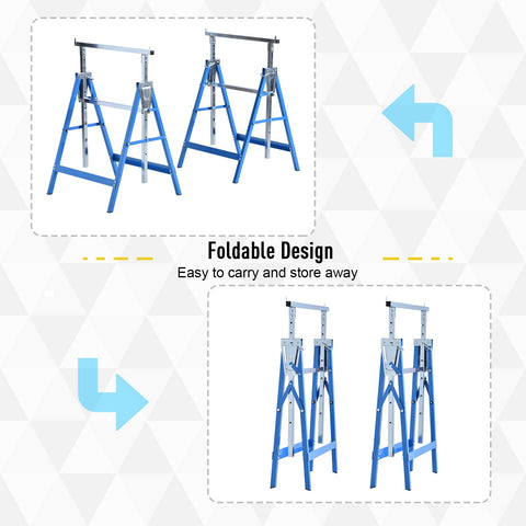 HOMCOM Set of 2 Adjustable Telescopic Builders Trestle, DIY Steel Work Bench Carpenter, Folding Saw Horse Tools Blue
