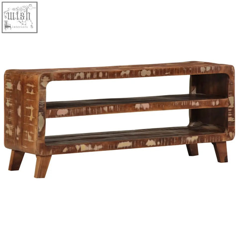 Rustic brown handmade tv cabinet with two shelves and distressed finish for storage space made from reclaimed wood